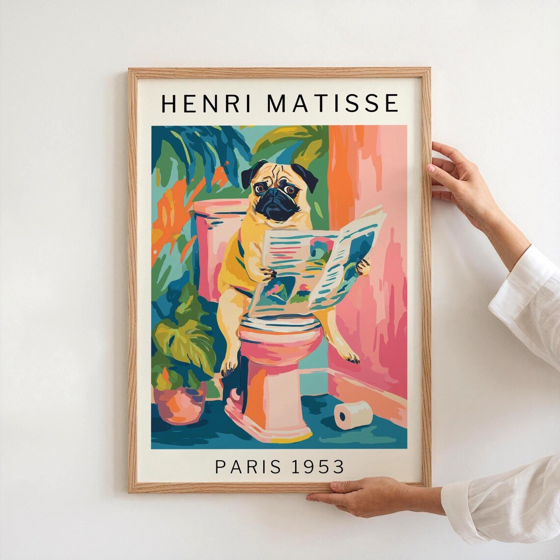 Funny Pug Sitting On Toilet Reading Newspaper Colorful Art Poster