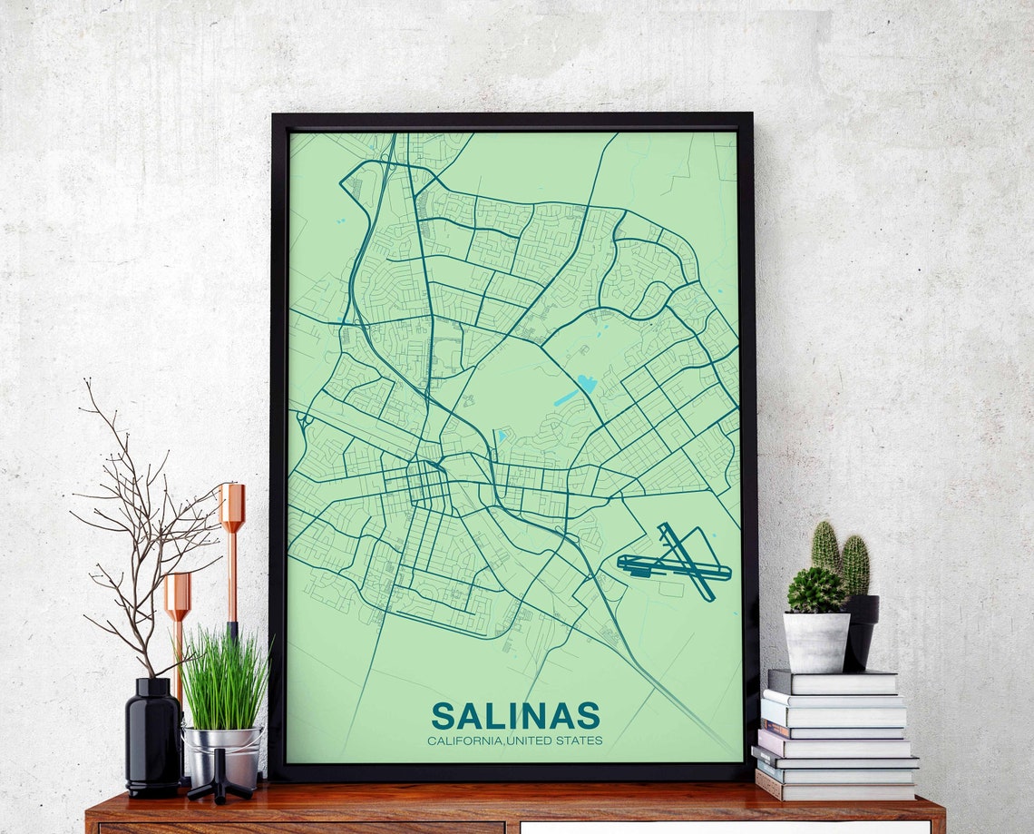 Salinas California Street Map Modern Green Hometown City Wall Art