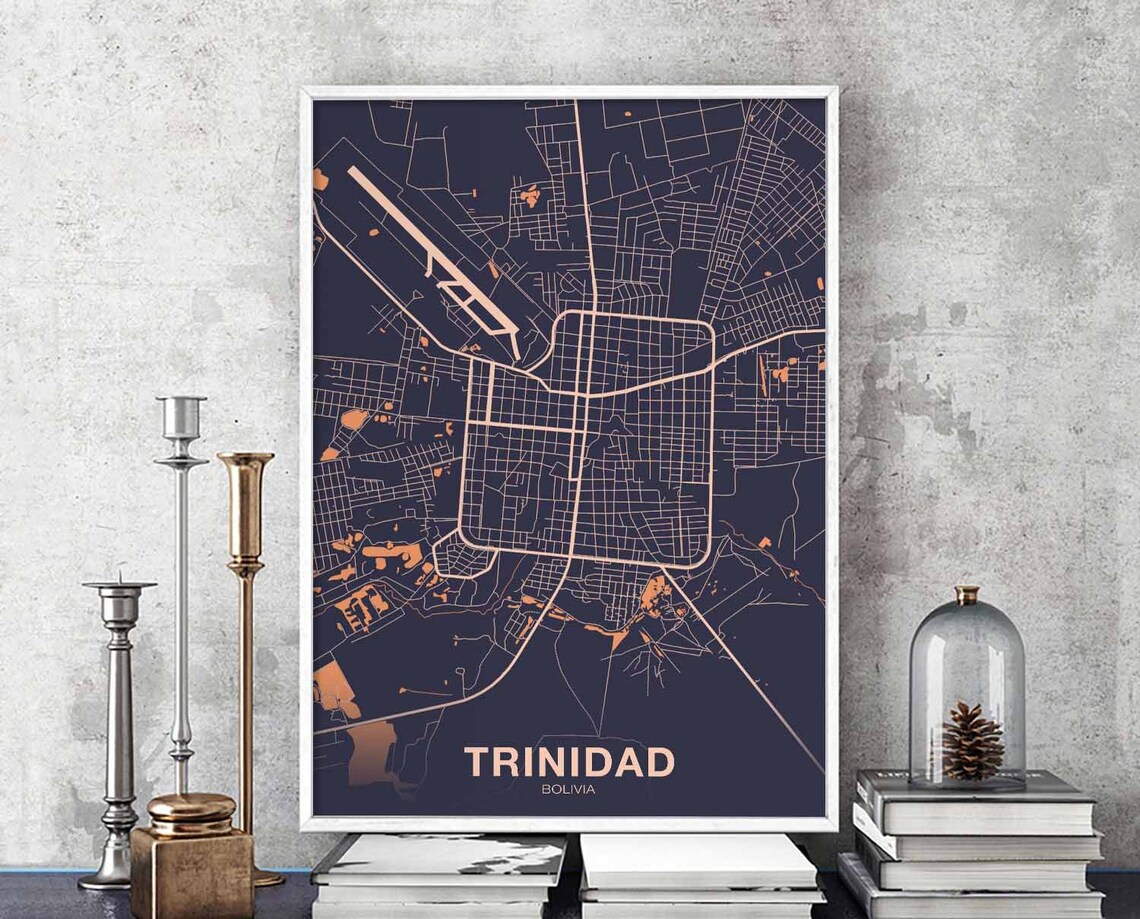 Trinidad Bolivia Copper Line City Map on Dark Navy Blue Poster