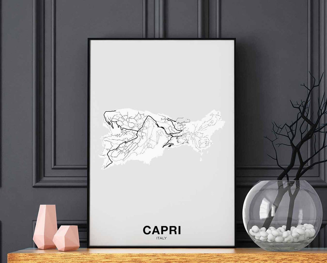 Capri Italy Minimal Island Street Map White Background Travel Poster