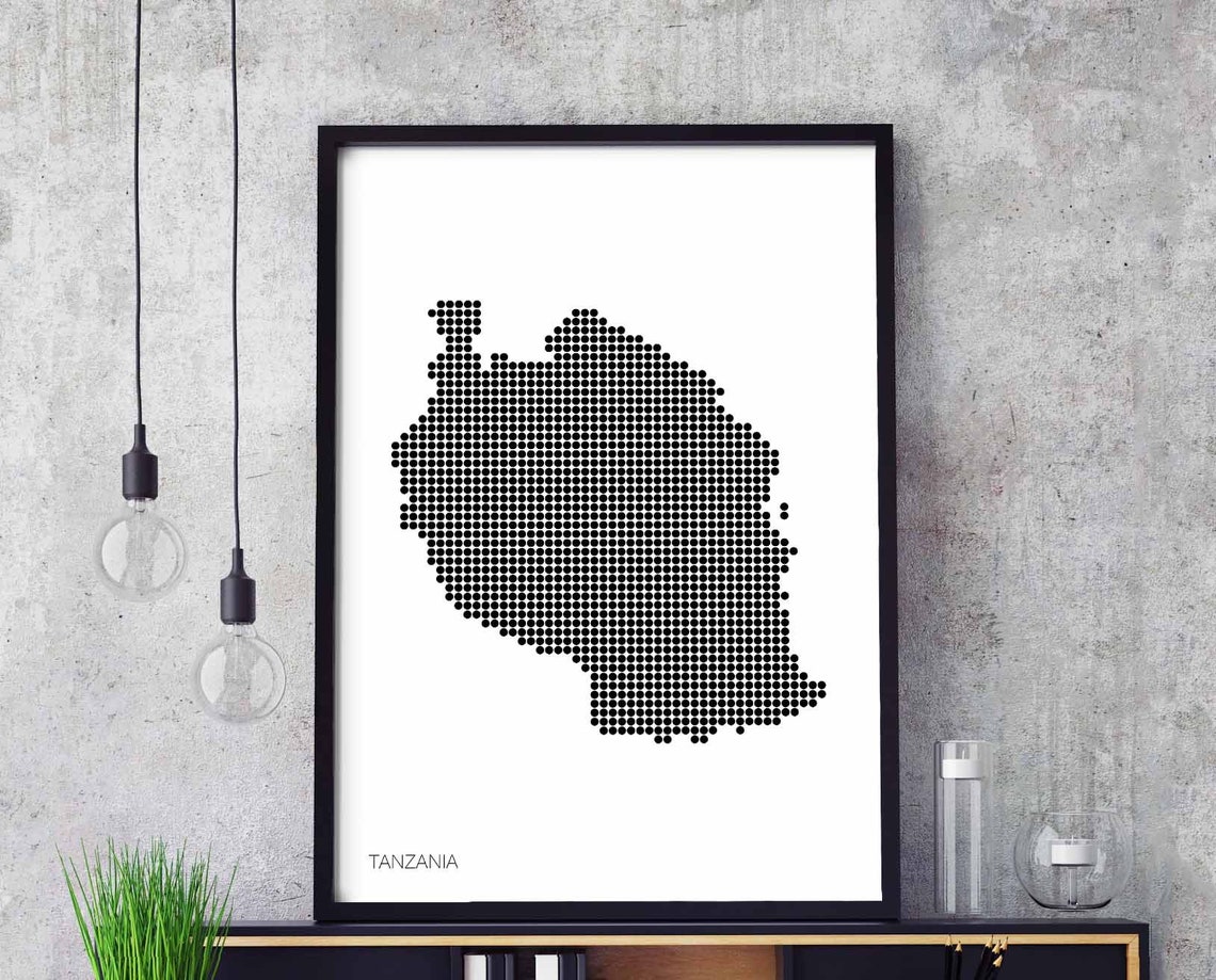 Tanzania Country Dotted Map Black White Minimalist Africa Map Poster