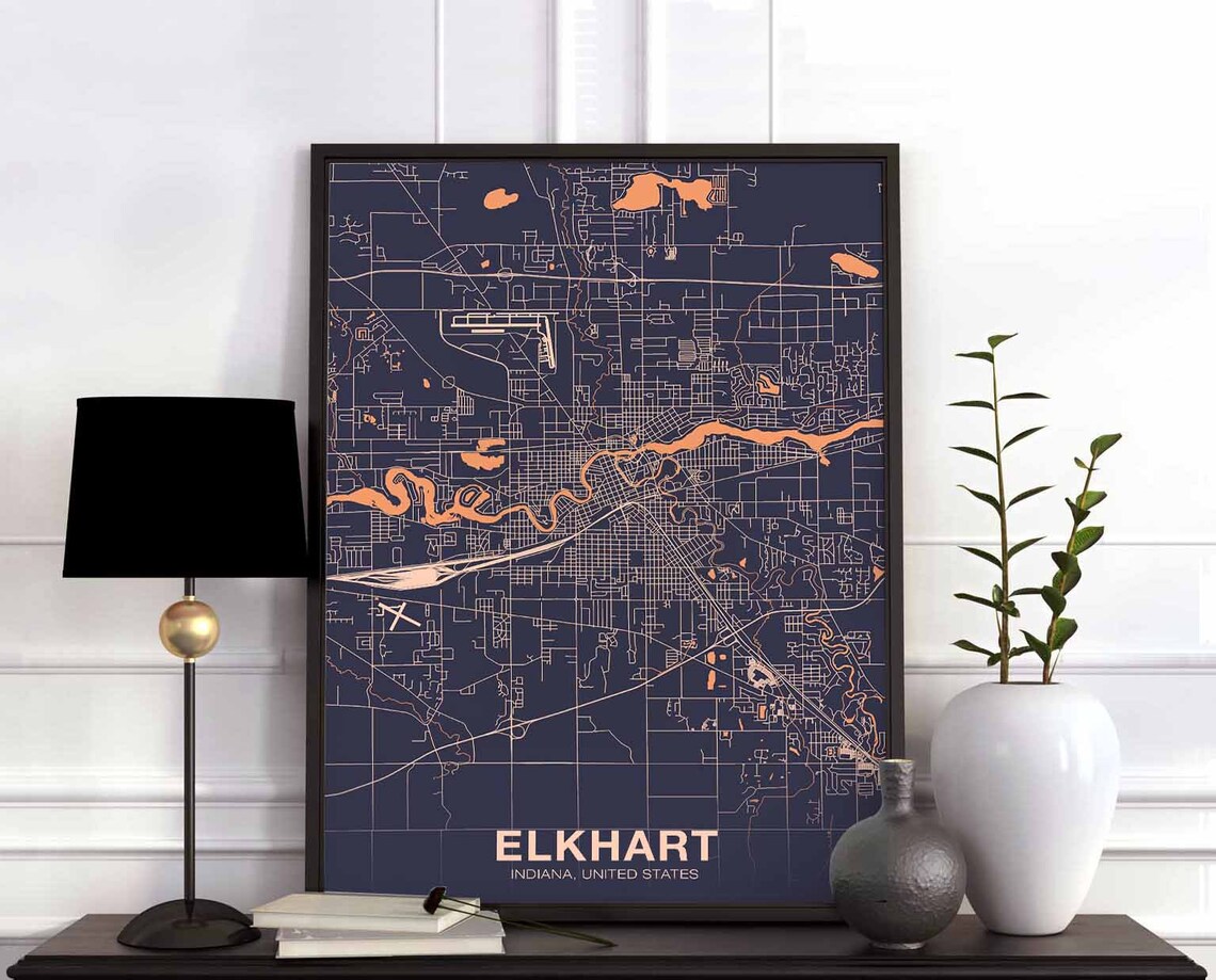 Elkhart Indiana Street Map Navy Copper Modern City Art Poster