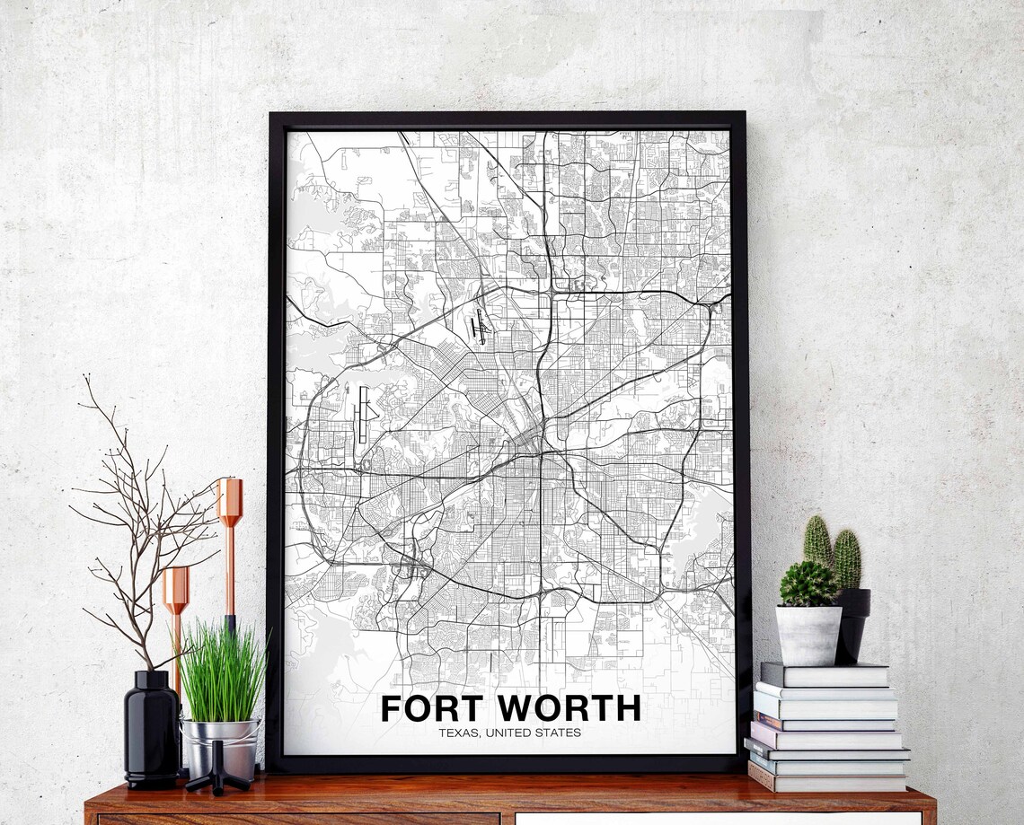 Fort Worth Texas Street Map White Minimalist Cowtown City Poster