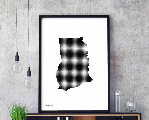 Ghana Minimal Dots Retro Map Poster Black White Wall Decor Design Modern Swiss Scandinavian Nordic Housewarming Travel