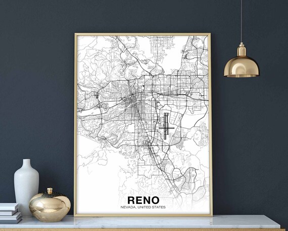 Reno Nevada Nv Usa Map Poster Black White Hometown City Print Modern Home Decor Office Decoration Wall Art Dorm Bedroom Gift