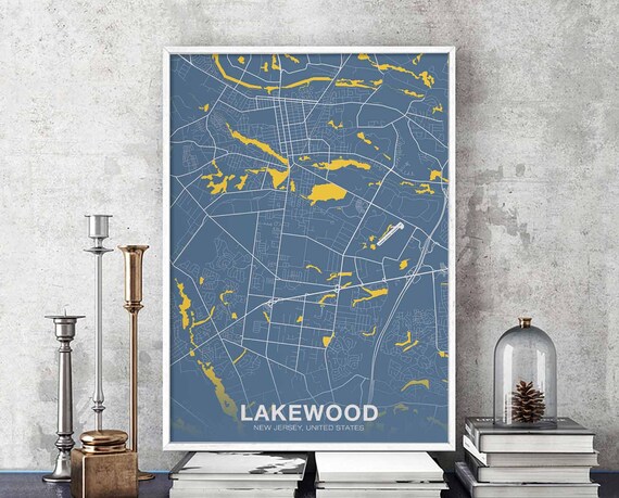 Lakewood New Jersey Street Map Poster in Blue and Yellow Hometown Gift