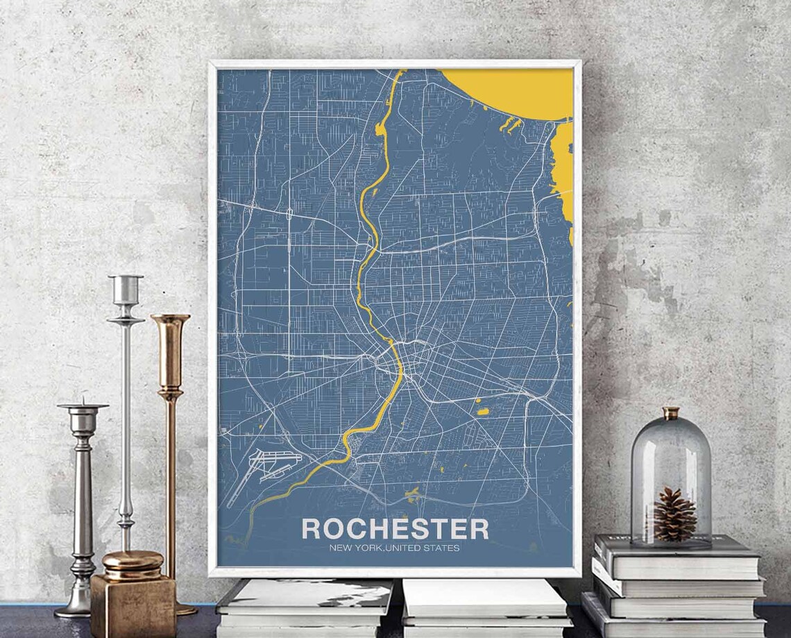 Rochester New York Street Map Blue River Hometown City Poster