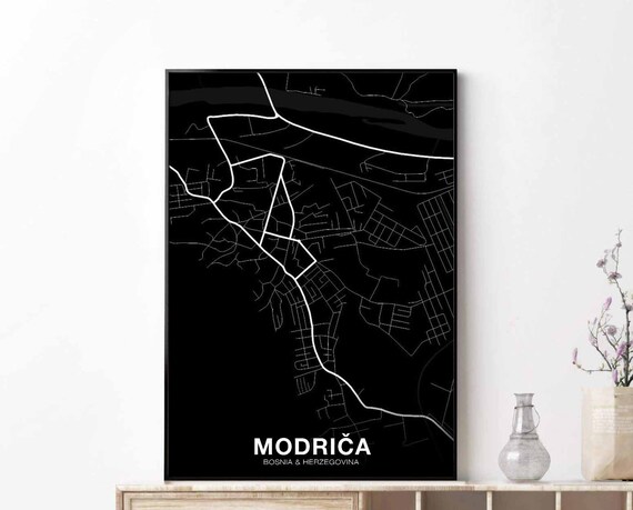 Modrica Bosnia Map Poster Black White Hometown City Print Modern Home Decor Office Decoration Wall Art Dorm Bedroom Gift