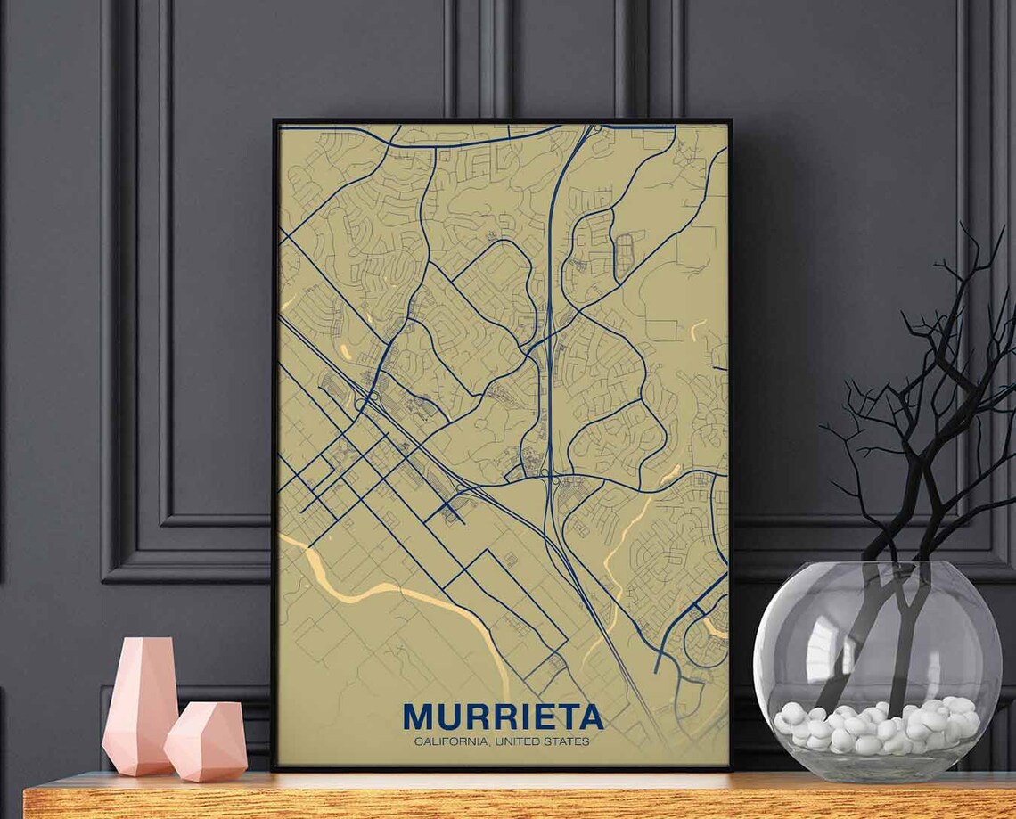 Murrieta California Khaki Street Map Poster With Navy Roads Home Decor