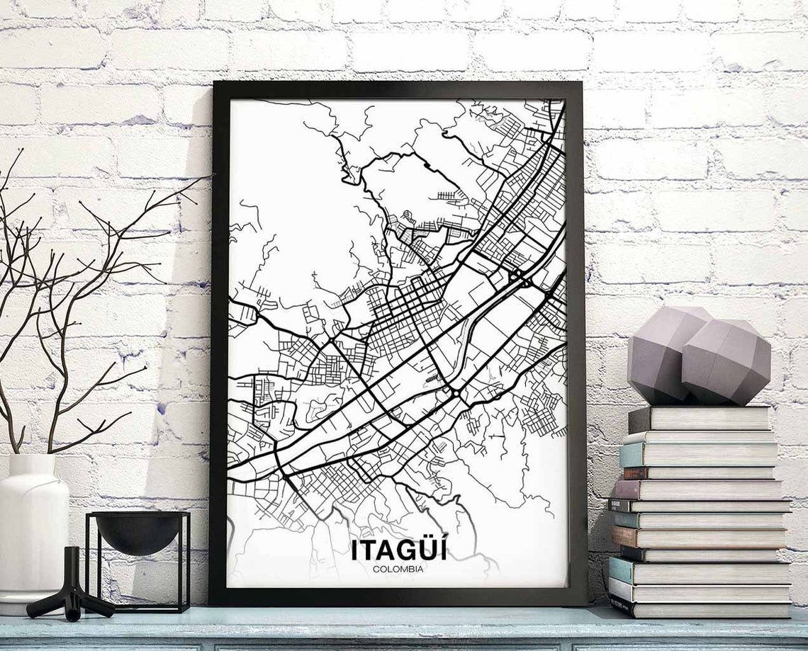 Itagui Colombia Black White Street Map Minimalist City Wall Art