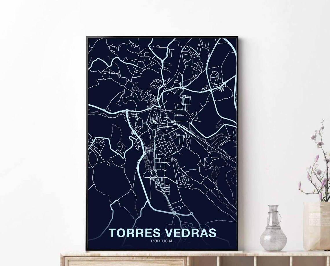 Torres Vedras Portugal Dark Navy Night City Street Map Poster