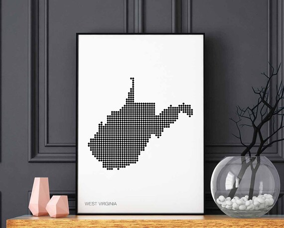 West Virginia Us State Minimal Dots Retro Map Poster Black White Wall Decor Design Modern Swiss Scandinavian Nordic Housewarming Travel