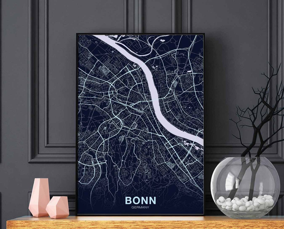 Bonn Germany Midnight Navy Rhine River City Street Map Poster