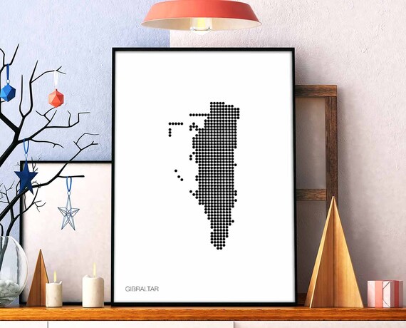 Gibraltar Minimal Dots Retro Map Poster Black White Wall Decor Design Modern Swiss Scandinavian Nordic Housewarming Travel