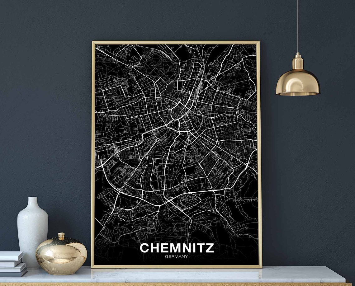 Chemnitz Germany Black Street Map Modern Hometown City Wall Art Decor