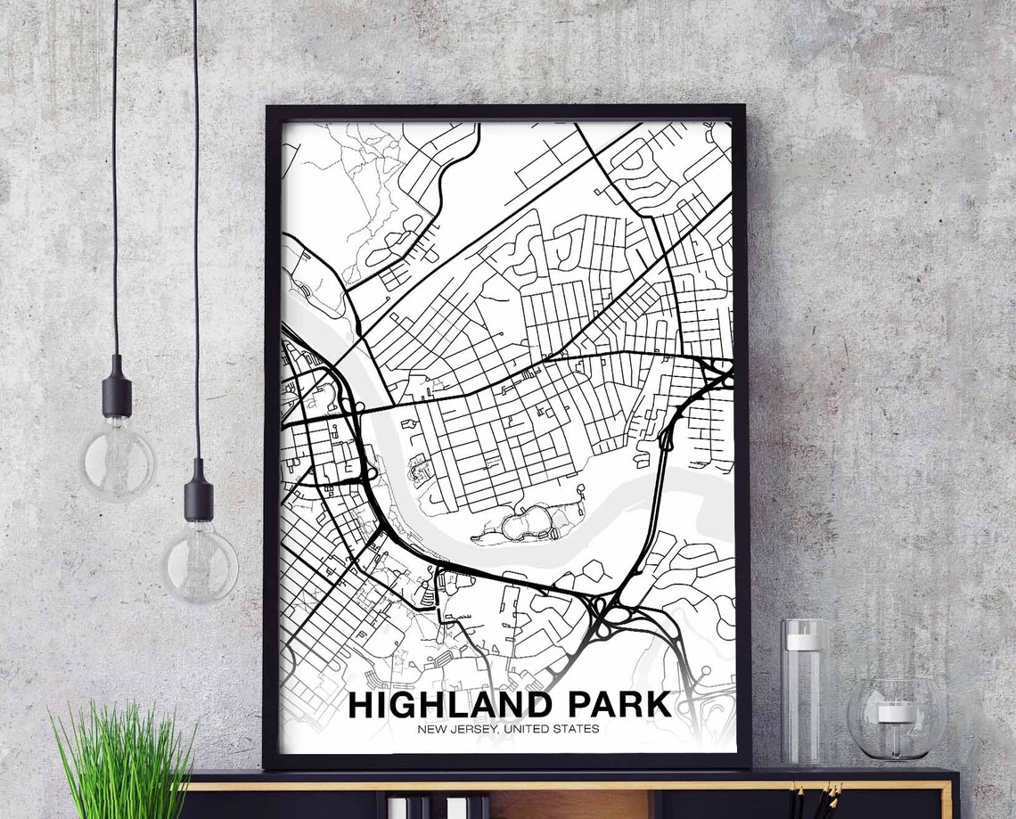 Highland Park New Jersey Black White Hometown Map Minimalist Decor Poster