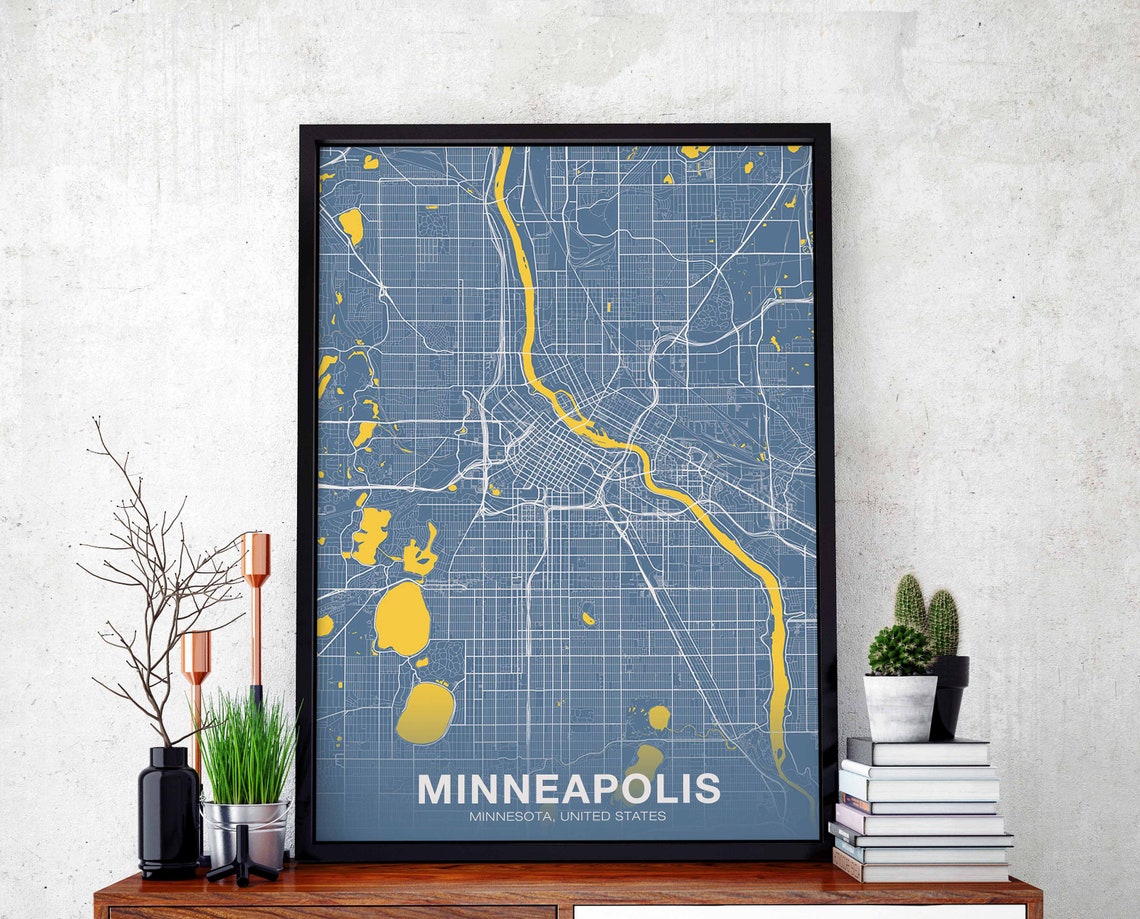 Minneapolis Minnesota Blue Gold River Lakes City Map Art Poster