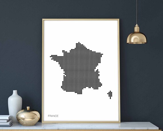 France Minimal Dots Retro Map Poster Black White Wall Decor Design Modern Swiss Scandinavian Nordic Housewarming Travel