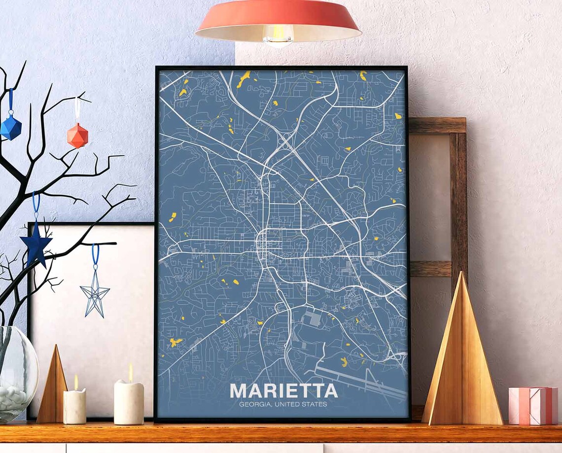 Marietta Georgia Dusty Blue White Linework Modern Street Map Poster