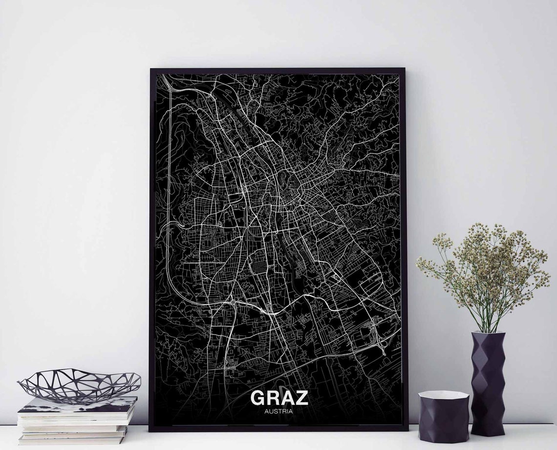 Graz Austria Black White Minimalist City Street Map Art Poster