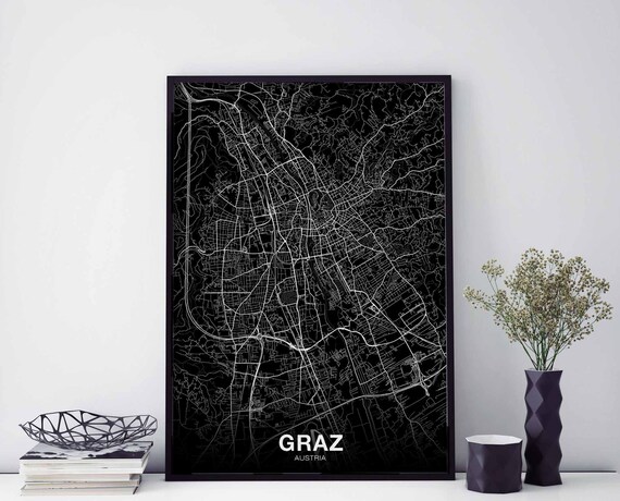 Graz Austria Map Poster Black White Hometown City Print Modern Home Decor Office Decoration Wall Art Dorm Bedroom Gift