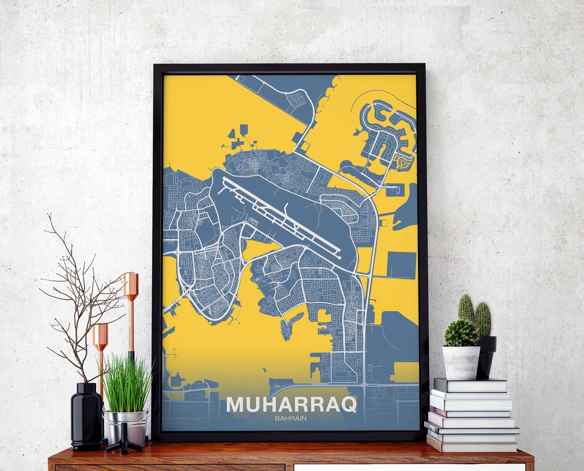 Stunning Muharraq Bahrain Blue Yellow City Street Map Poster