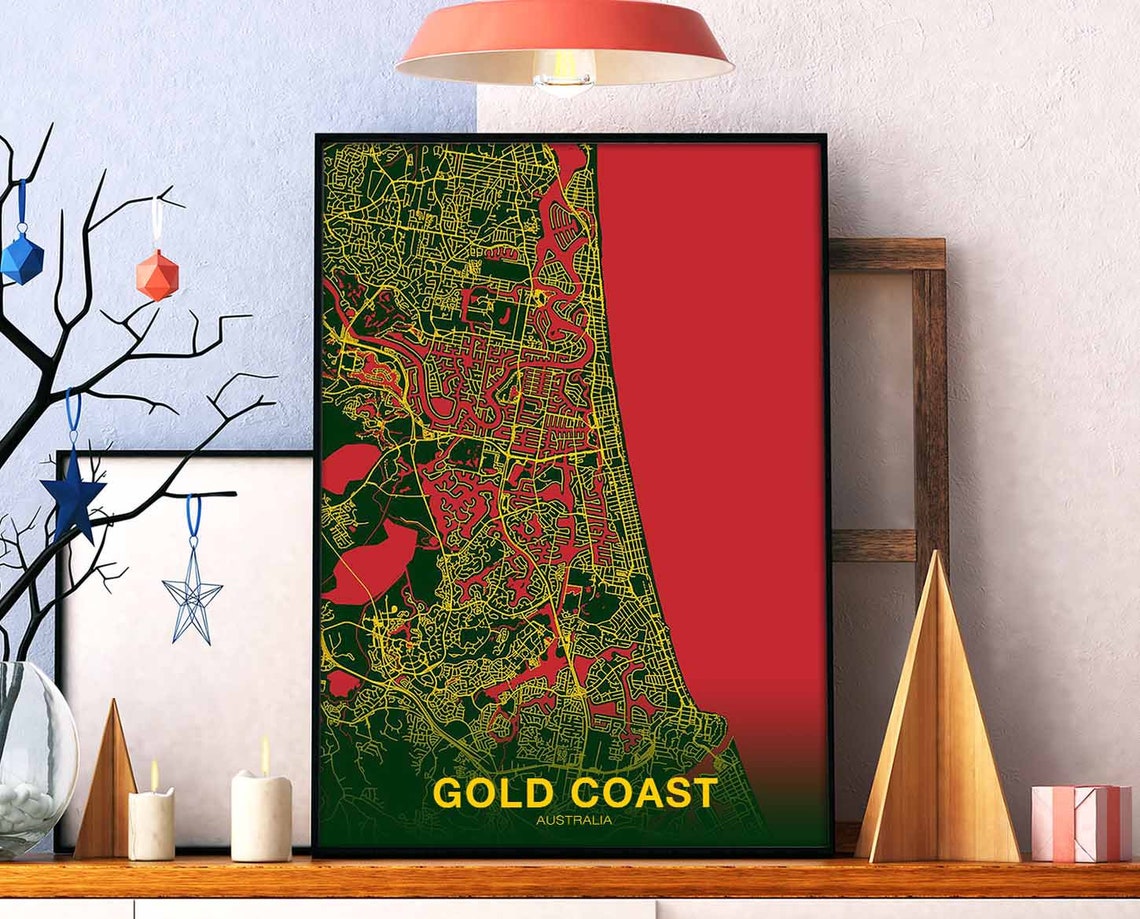 Gold Coast Australia Red Green Bold Modern City Street Map Poster