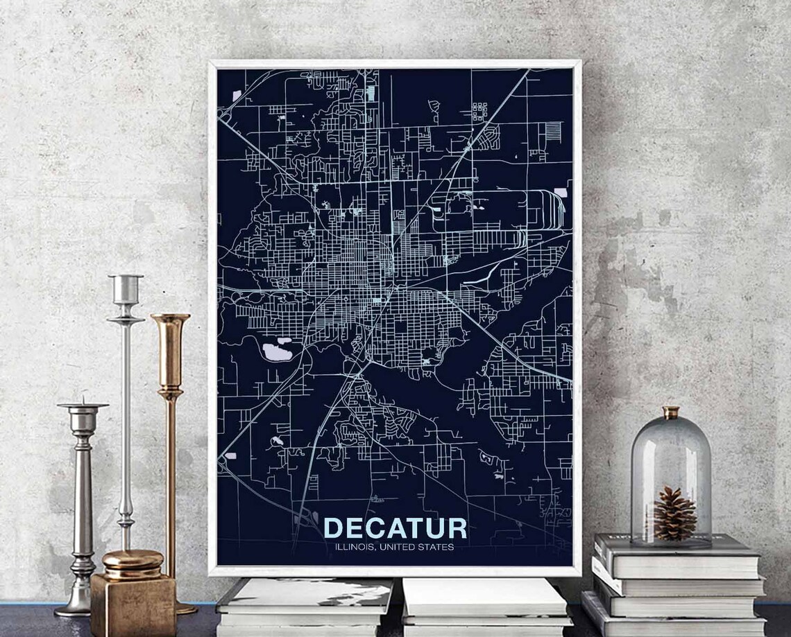 Decatur Illinois Street Map Poster Navy Blue Modern City Map Art