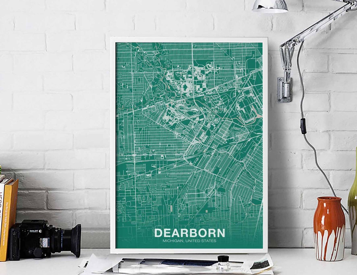Dearborn Michigan Hometown Street Map Emerald Green City Wall Art