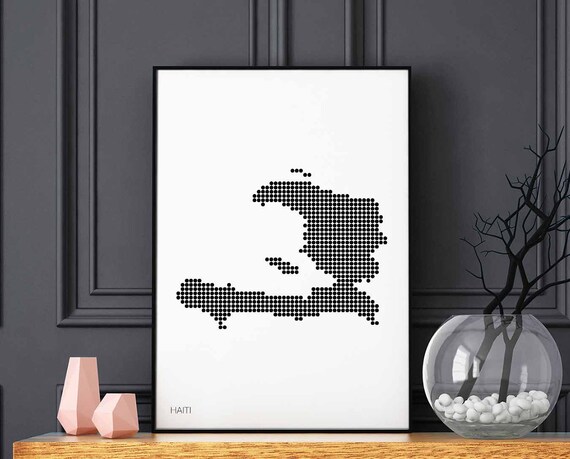 Haiti Minimal Dots Retro Map Poster Black White Wall Decor Design Modern Swiss Scandinavian Nordic Housewarming Travel