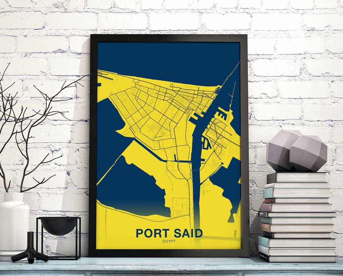 Port Said Egypt City Map Bright Yellow and Navy Hometown Poster