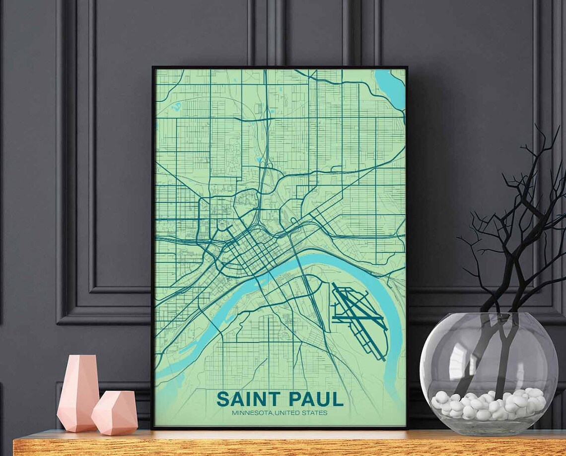 Saint Paul Minnesota Green Modern City Map Poster Mississippi River Decor