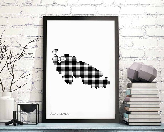 Aland Islands Minimal Dots Retro Map Poster Black White Wall Decor Design Modern Swiss Scandinavian Nordic Housewarming Travel Bedroom