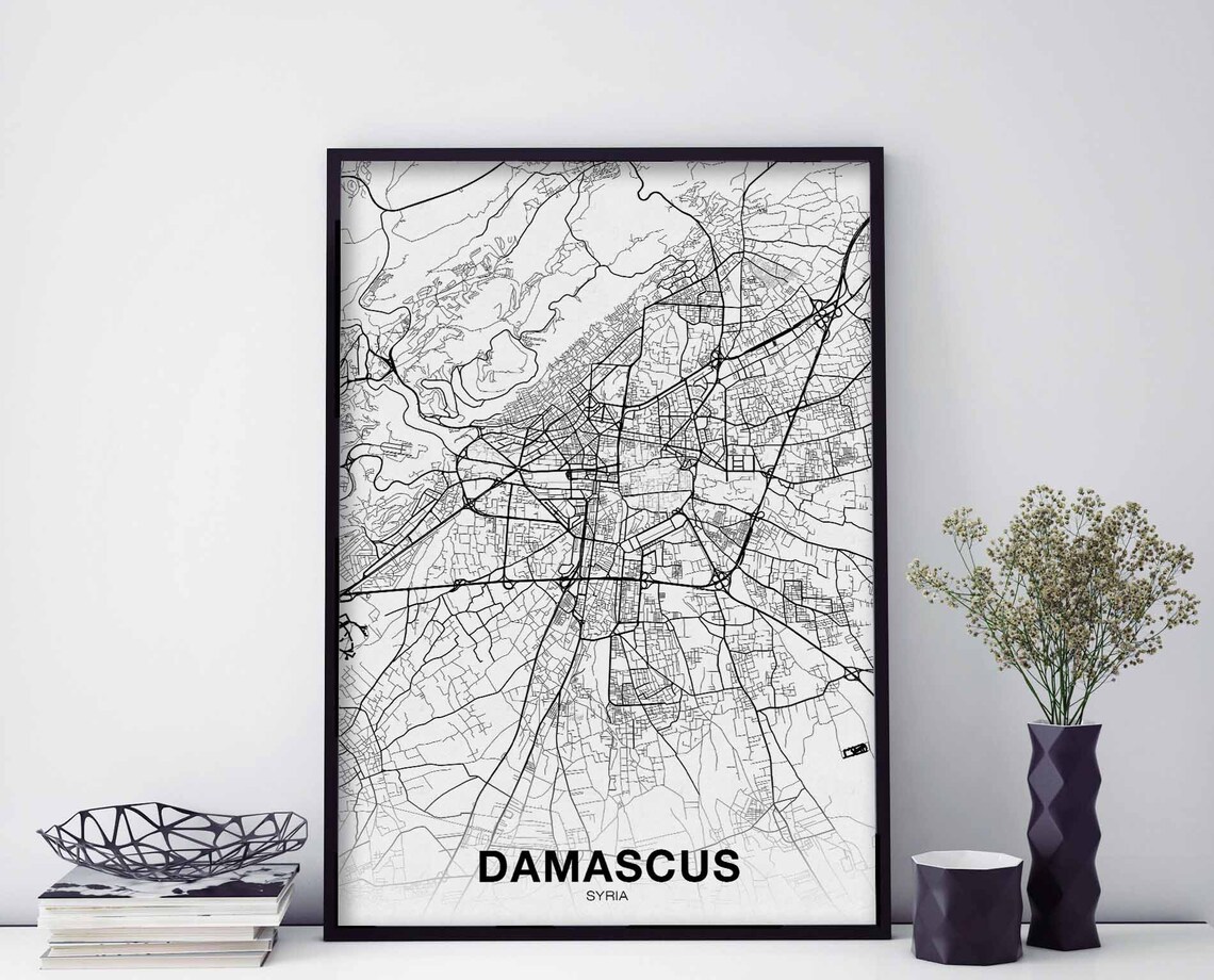 Damascus Syria Map Poster, Black White Travel Print