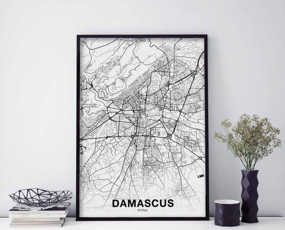 Damascus Syria Map Poster, Black White Travel Print