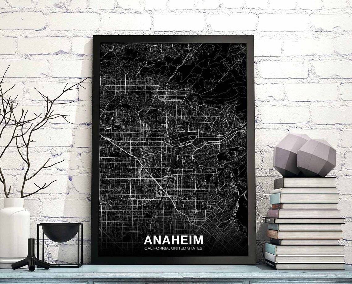 Anaheim California Black White Hometown City Street Map Poster
