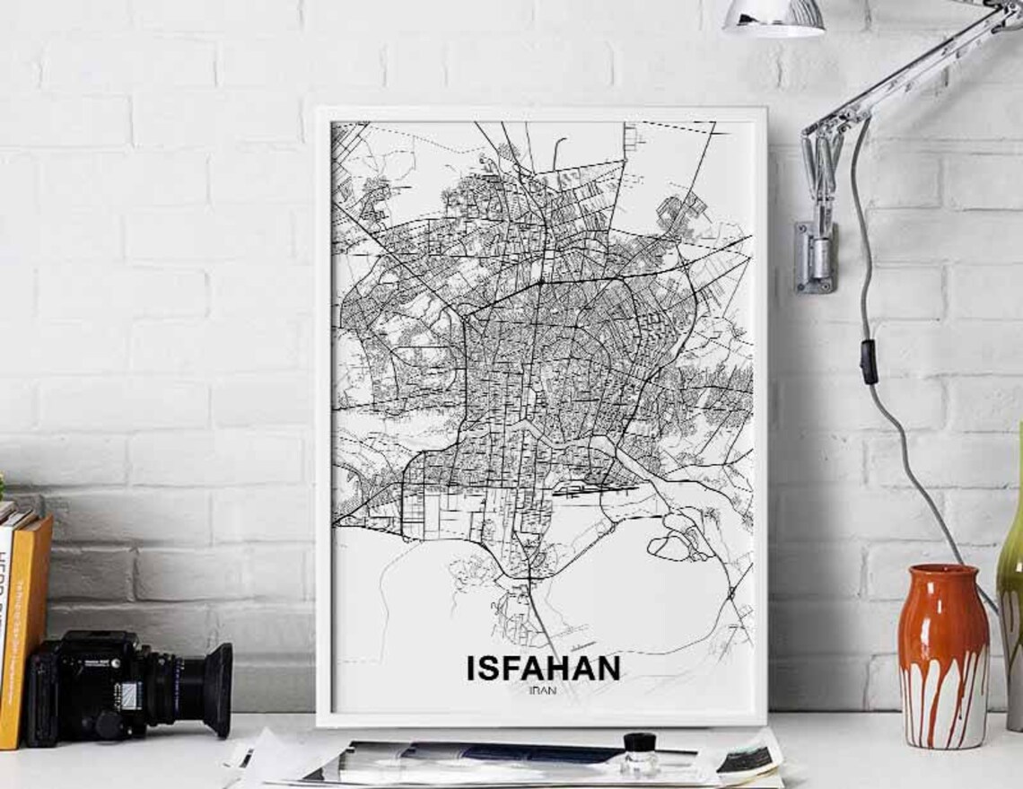 Isfahan Iran Black White Street Map Hometown Travel Decor Poster