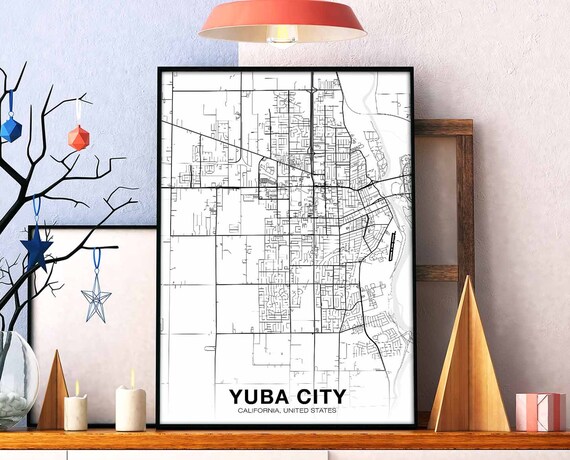 Yuba City Usa Map Poster Black White Hometown Print Modern Home Decor Office Decoration Wall Art Dorm Bedroom Gift