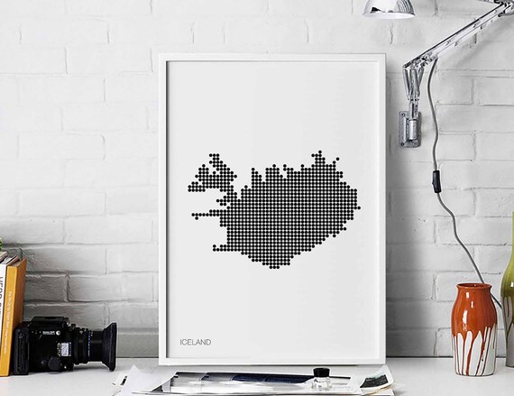 Iceland Minimal Dots Retro Map Poster Black White Wall Decor Design Modern Swiss Scandinavian Nordic Housewarming Travel
