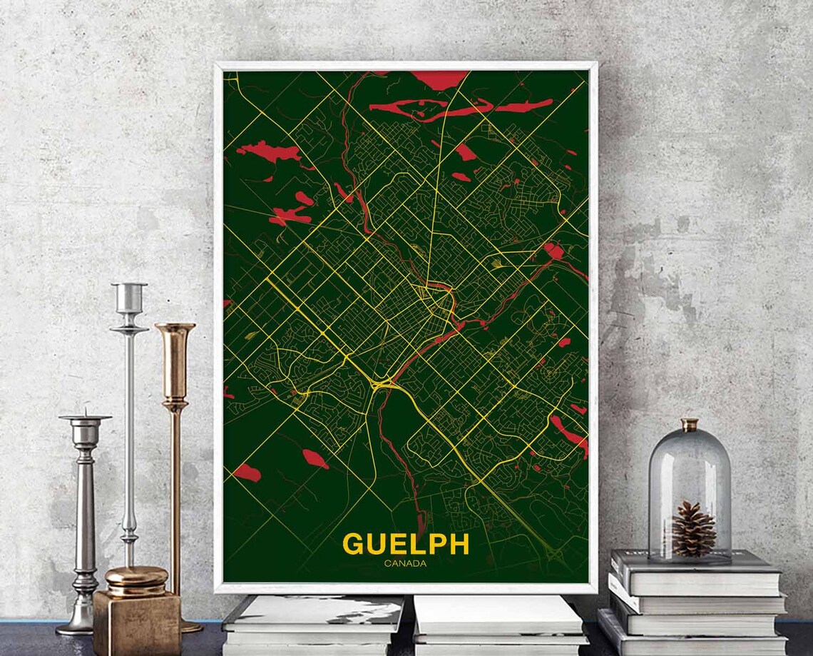 Guelph Canada City Map Dark Green Night Style Modern Decor Poster