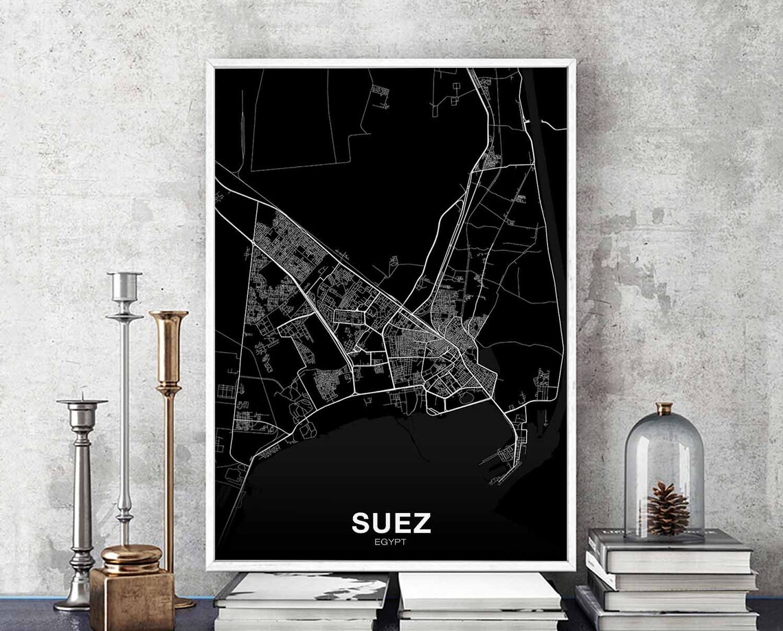 Suez Egypt Black Background White Line Street City Map Poster
