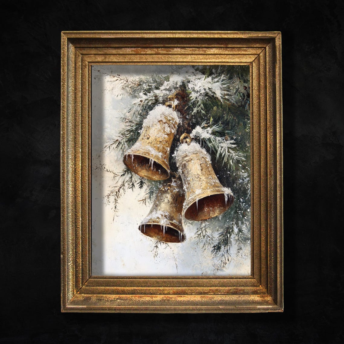 Frosty Christmas Bells Snowy Pine Branches Vintage Holiday Print