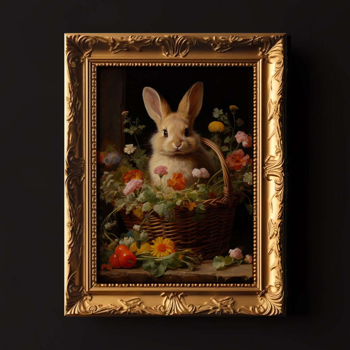 Golden Bunny In Flower Basket With Strawberries Vintage Art Poster