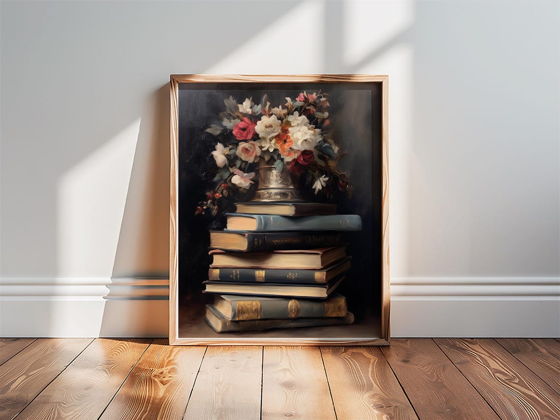 Antique Book Stack Still Life Vase Of Roses Dark Academia Print - Image 2