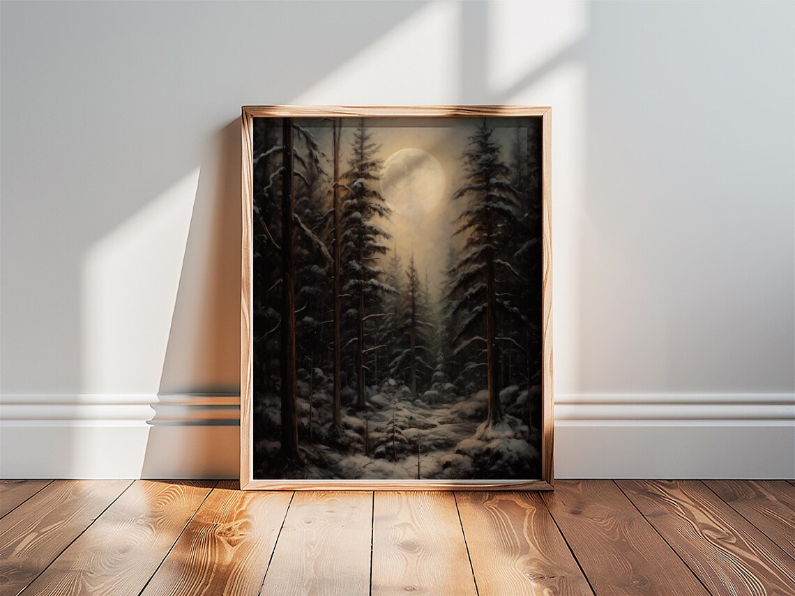 Gothic Winter Forest Wall Art Moody Christmas Dark Academia Decor Snowy Pine Forest Landscape - Image 2