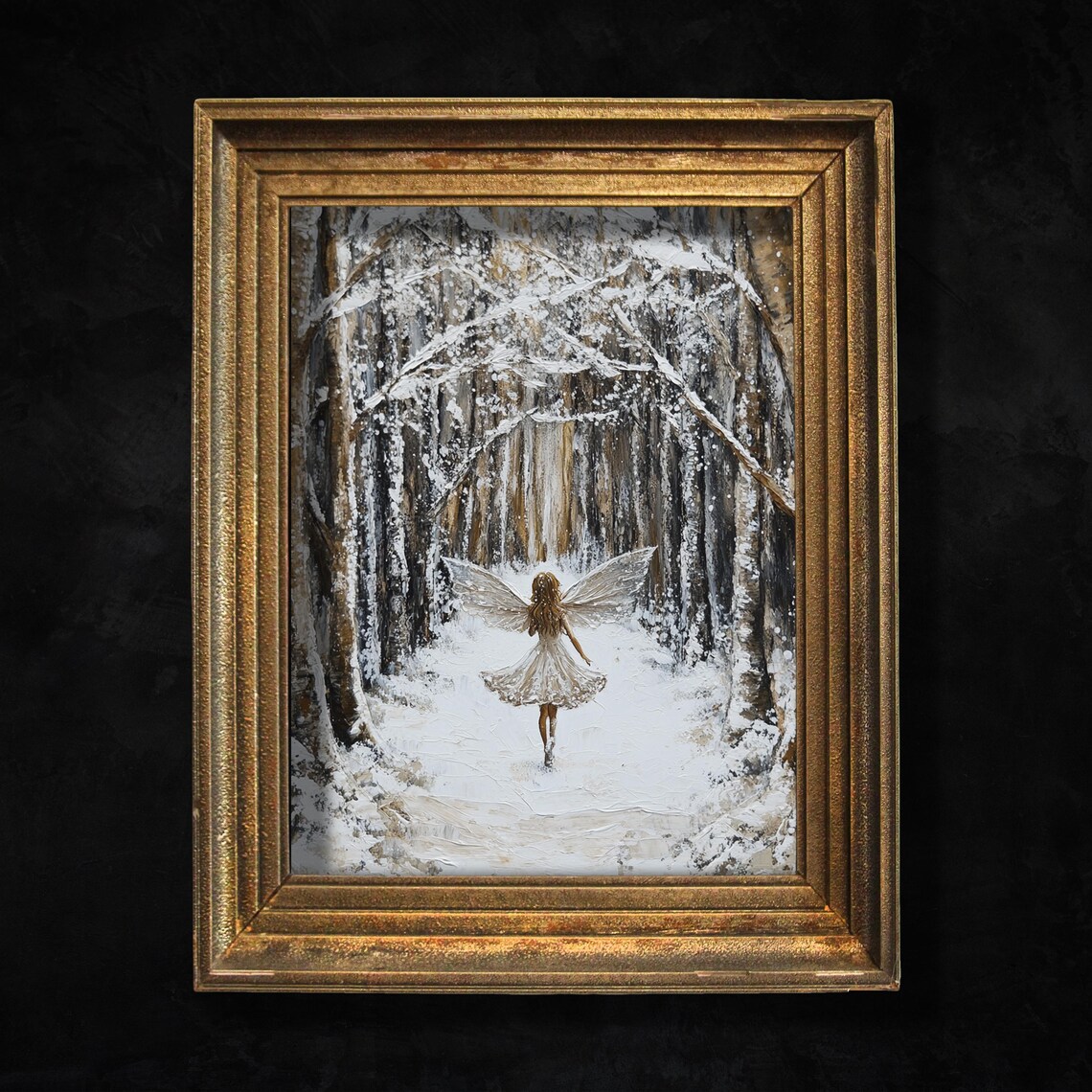 Winter Fairy In Snowy Birch Forest Path White Dress Fantasy Print