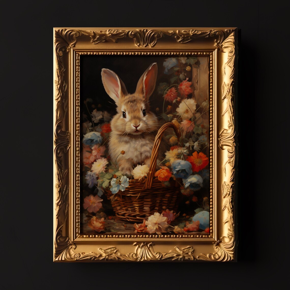 Cute Bunny In Flower Basket Vintage Style Spring Rabbit Art Poster