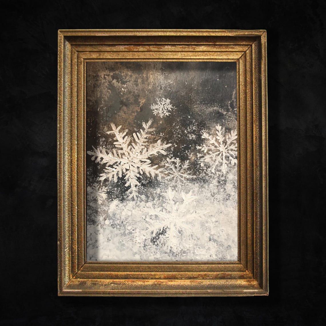 Delicate White Snowflakes Moody Winter Night Christmas Art Poster