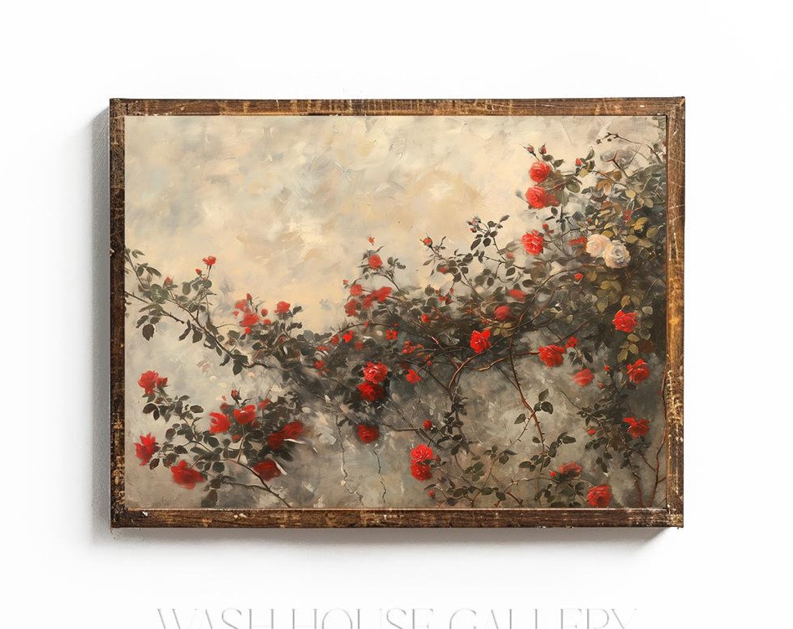 Red Climbing Roses On Wall Vintage Botanical Floral Art Poster