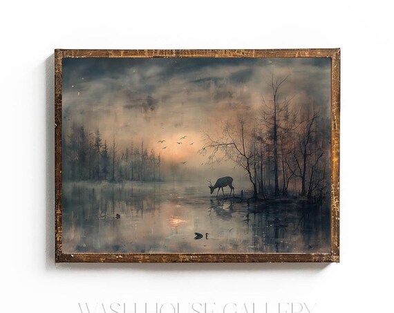 Deer Drinking at a Misty Bayou at Dawn Landscape Oil Art Poster